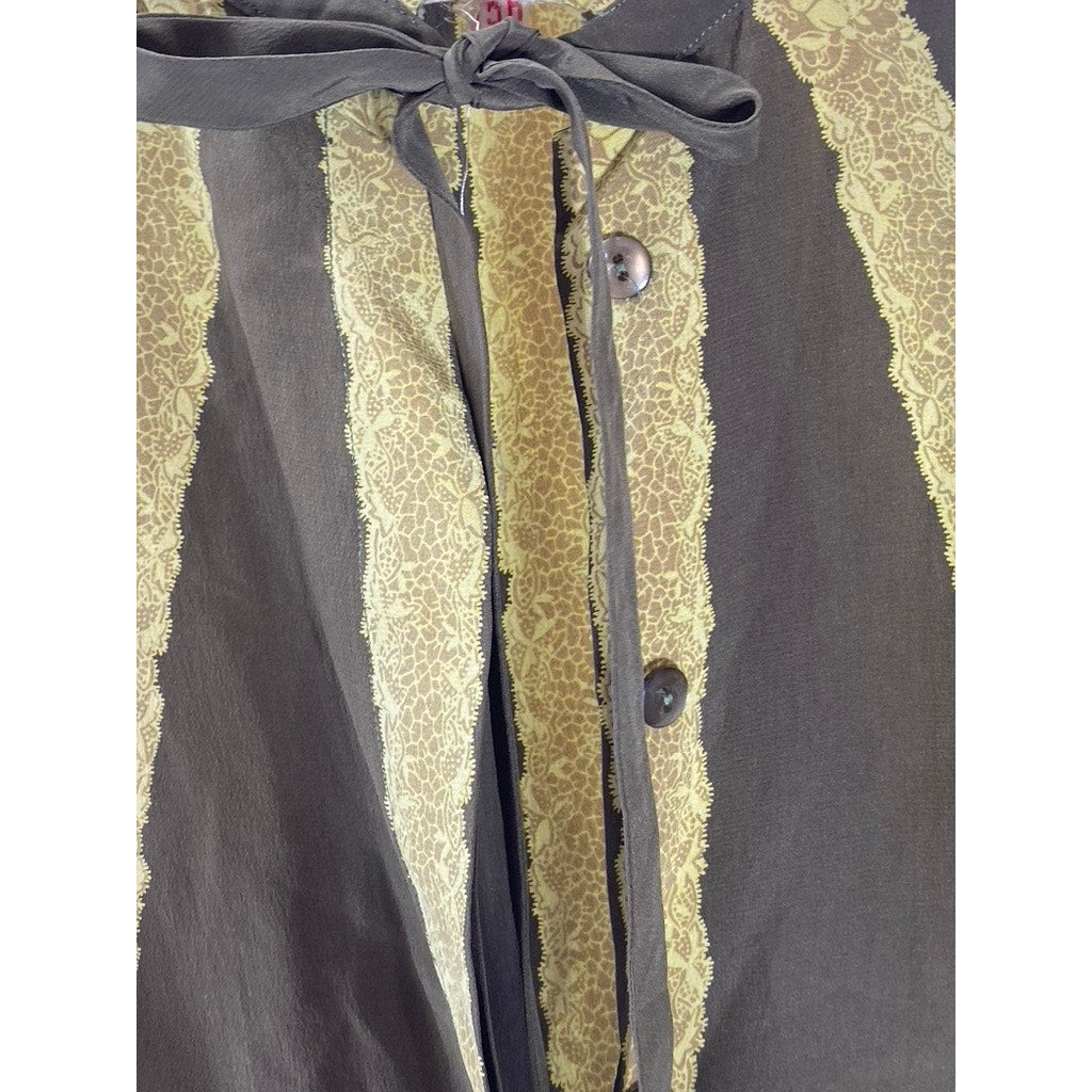 SERGE NANCEL Women’s Vintage Green-Yellow Tie-Neck Button-Up Too SZ 36(US6)