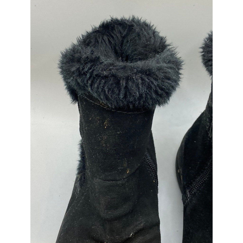 BARETRAPS Women's Black Leather Faux-Fur Round-Toe Ankle Winter Boots SZ 7