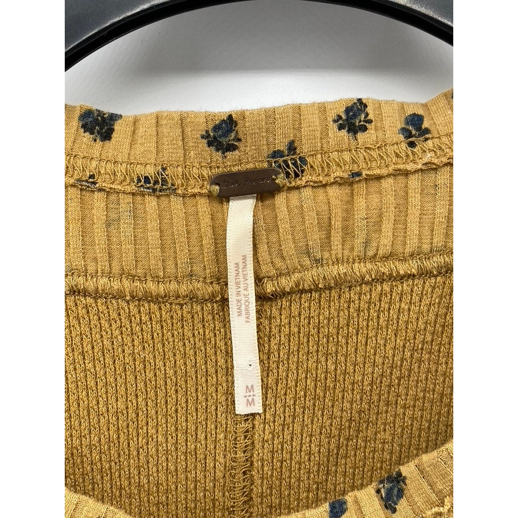 FREE PEOPLE Women's Tan Floral Henley Thermal Long Sleeve Top SZ M