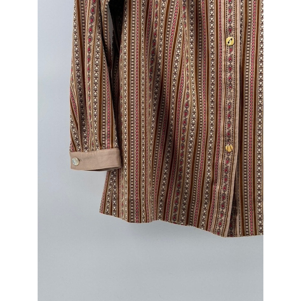 WEIDE Women's Vintage Brown Printed Button-Up Long Sleeve Top SZ S