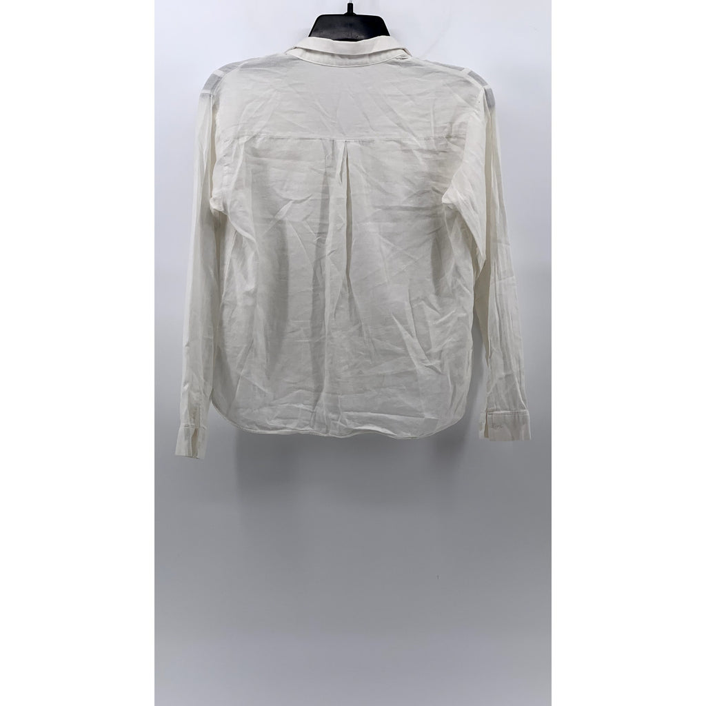 DOUGIE Women's White Button-Up Long Sleeve Round-Hem Pocket Top SZ S