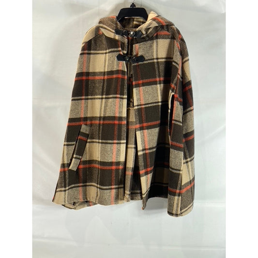 COCO + CARMEN Women's Hooded Brown Plaid Toggle Poncho Ruana OS