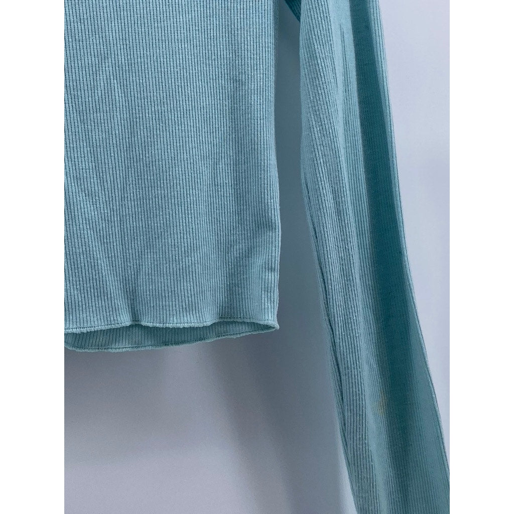 PALE JADE Women's Light Blue Ribbed V-Neck Long Sleeve Button-Up Top SZ S