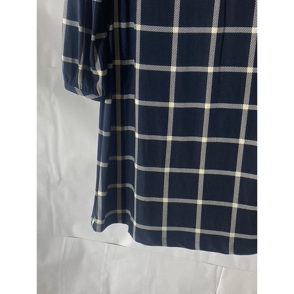 TOMMY HILFIGER Women's Navy Checkered Crewneck Long Sleeve Knee Length Dress SZS