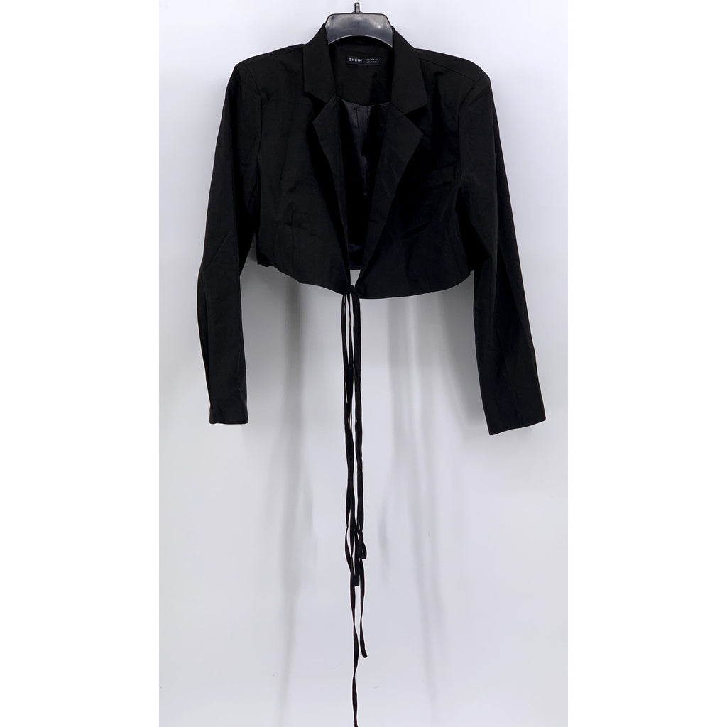 SHEIN Women's Black Solid Notch Collar Long Sleeve Tie-Front Cropped Blazer SZ 6