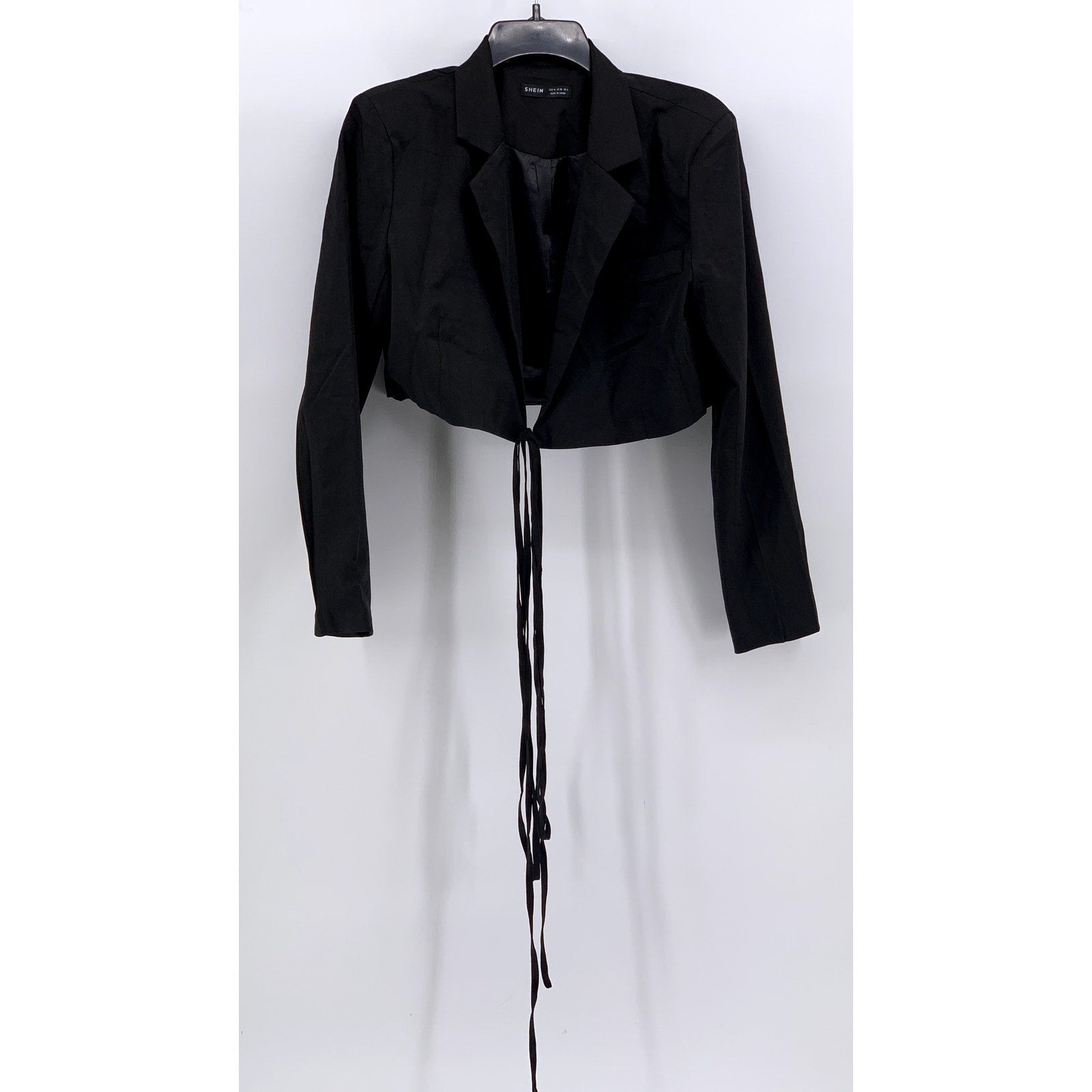SHEIN Women's Black Solid Notch Collar Long Sleeve Tie-Front Cropped Blazer SZ 6