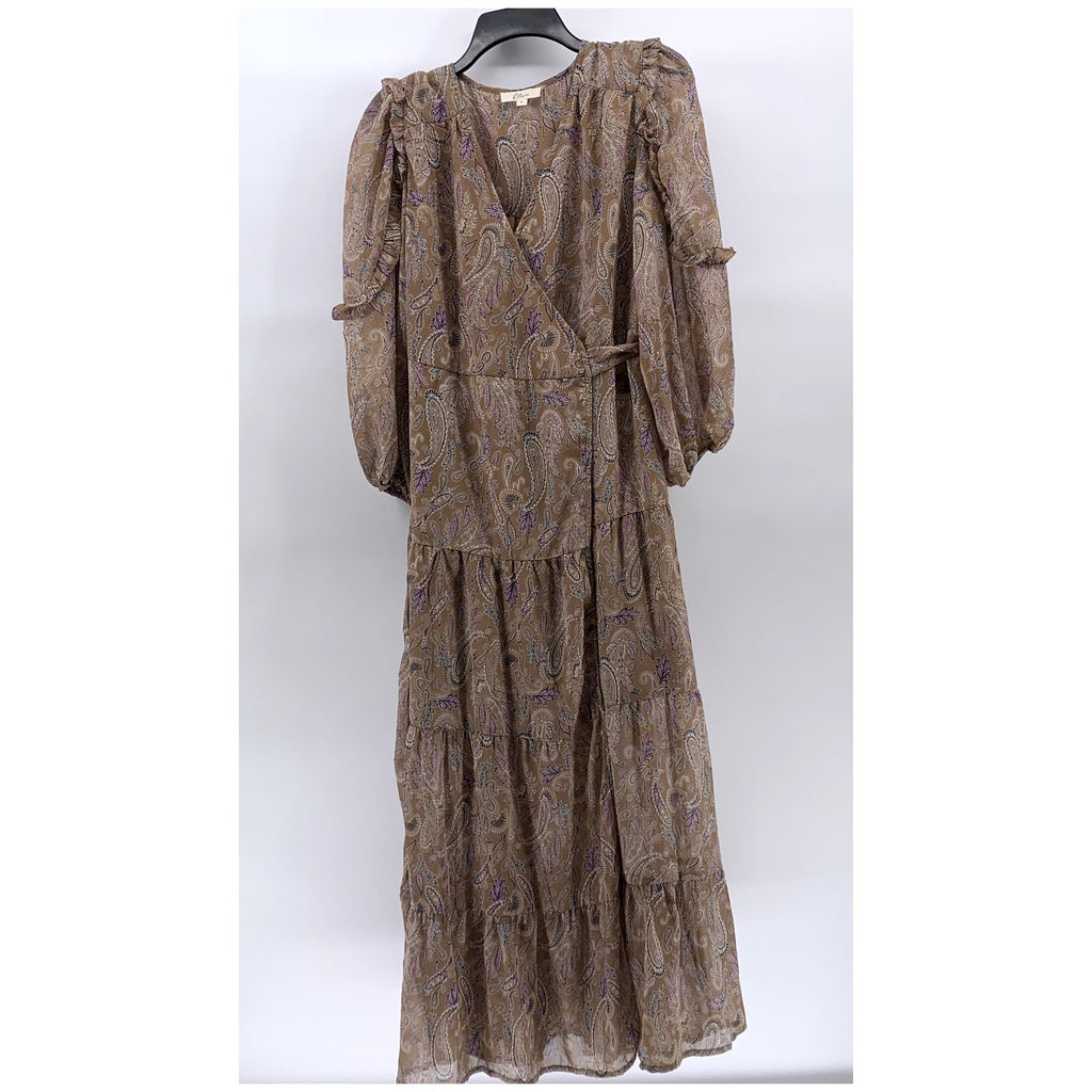 ELAN Women’s Tan Paisley Printed Long Sleeve Ruffle Trim Wrap Midi Dress SZ S