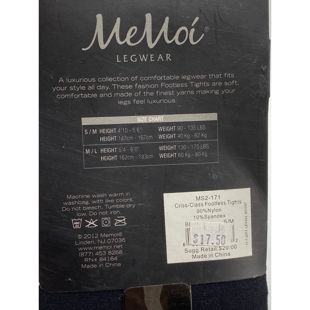 MEMOI Women's Black Solid Semi Sheer Criss-Class Footless Tights SZ S/M