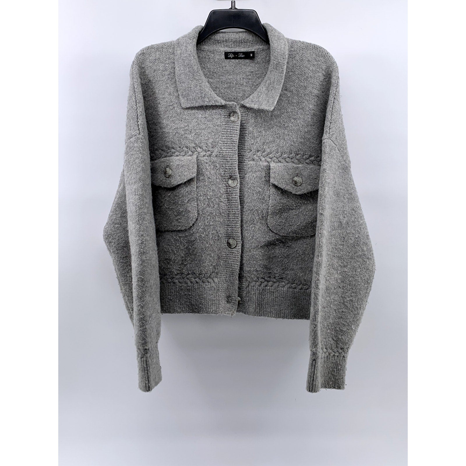 LYLA + LUXE Women's Light Heather Gray Button-Up Long Sleeve Cardigan SZ M