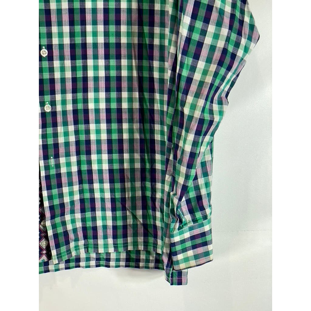INSERCH ICON Men's Green Check Jacquard Cotton Button-Up Flip Cuff Shirt SZ XL