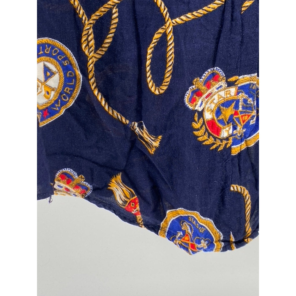 HUNTERS RUN Women's Vintage Navy Nautical Sailor Short Sleeve Button-Up Top SZ L