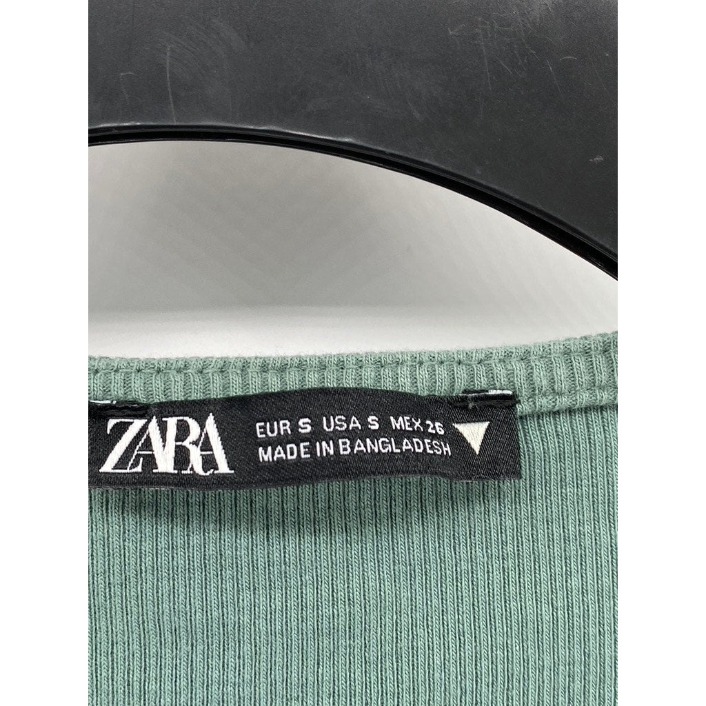 ZARA Women's Dark Green Straight-Neck Short Sleeve Midi Bodycon Dress SZ S