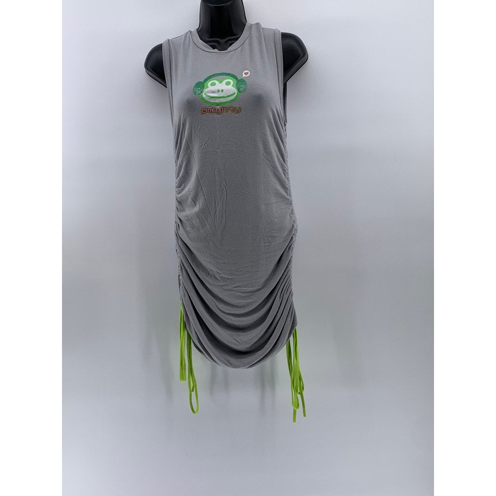 O-MIGHTY Women's Green-Gray Side Ruched Crewneck Monkey Sleeveless Dress SZ S