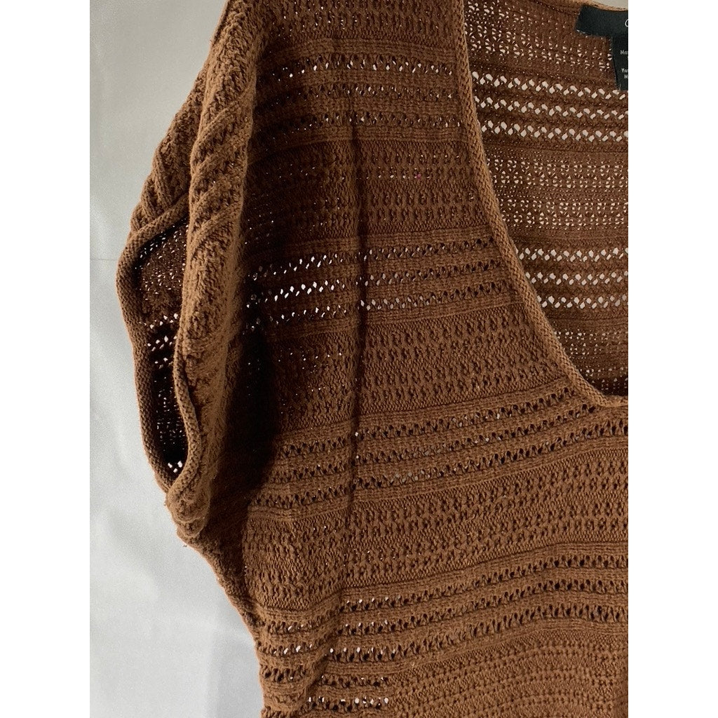CALVIN KLEIN JEANS Women's Brown Crochet Knit V-Neck Short Sleeve Top SZ M