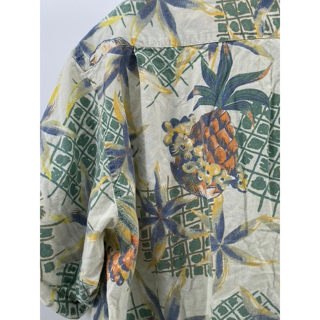 GREAT LAND Men's Vintage White-Green Regular-Fit Button-Up Hawaiian Shirt SZ L