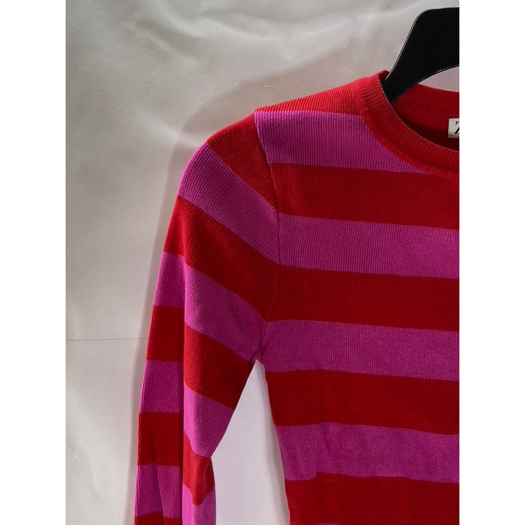 ZARA Women's Pink-Red Striped Crewneck Knit Long Sleeve Crop Top SZ M