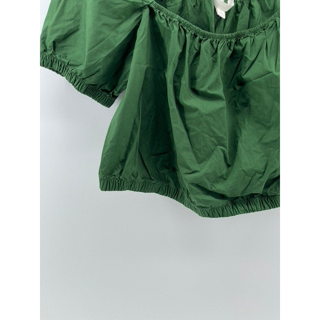 H&M Women's Dark Green Scoop-Neck Short Puff-Sleeve Cropped Top SZ L