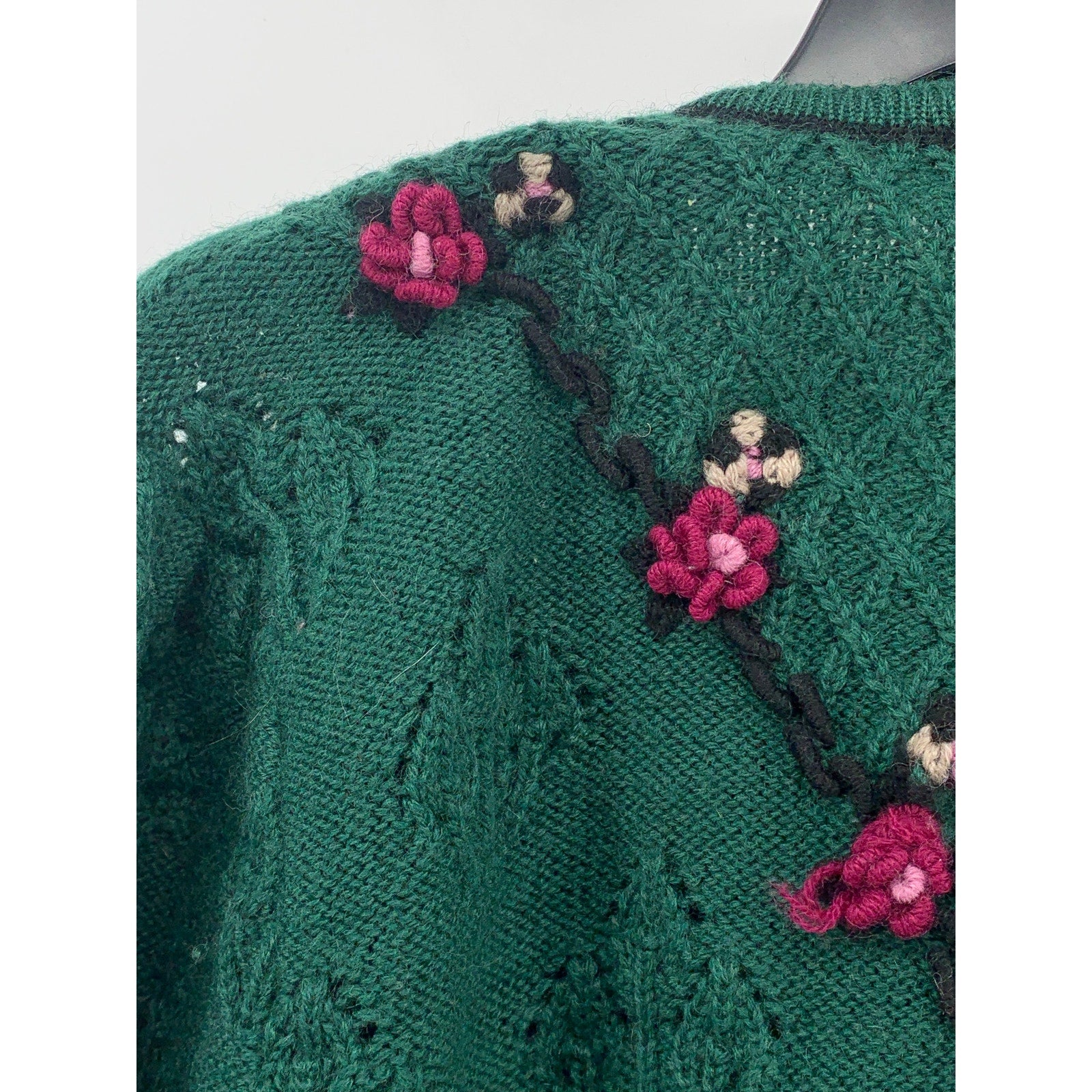 CARROLL REED Women's Vintage 70's Green 3D Floral Knit Button-Up Cardigan SZ S