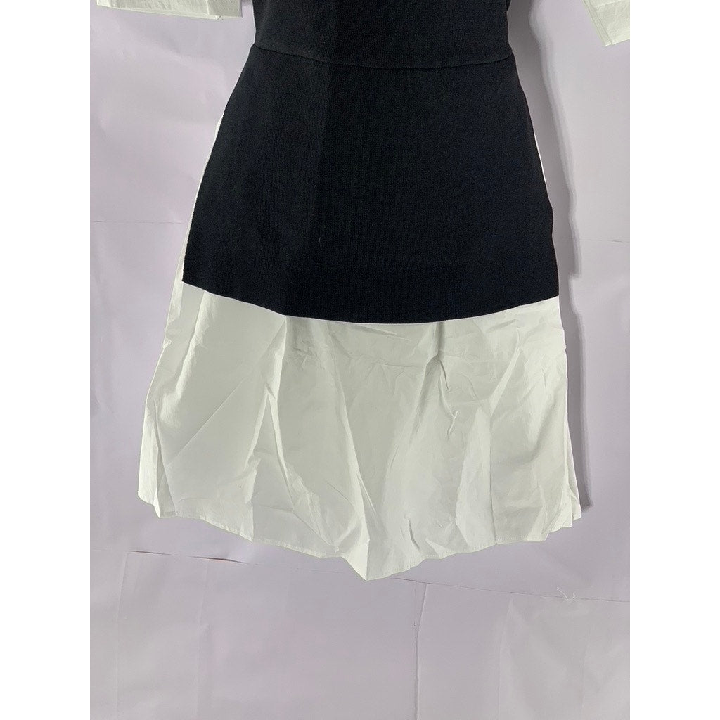 ENGLISH FACTORY Women's Black/White Short Puff Sleeve Poplin Mini Dress SZ L