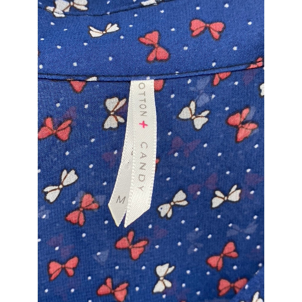 COTTON CANDY Women's Blue Mini Bow Print Button-Up Long Sleeve Sheer Top SZ M