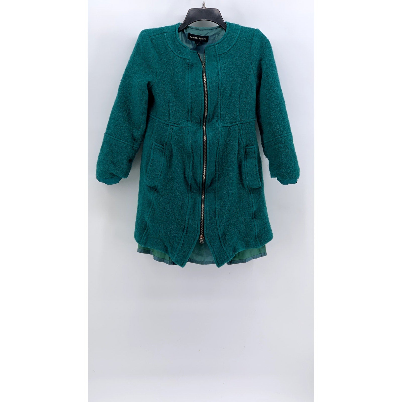 NANETTE LEPORE Women's Blue-Green Wool-Blend Zip-Up Coat SZ 4