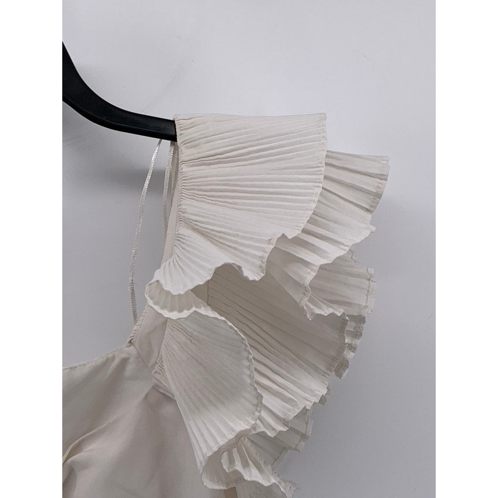 ZARA Women’s White Pleated Ruffle Sleeve Cinched Bust Cropped Top SZ S
