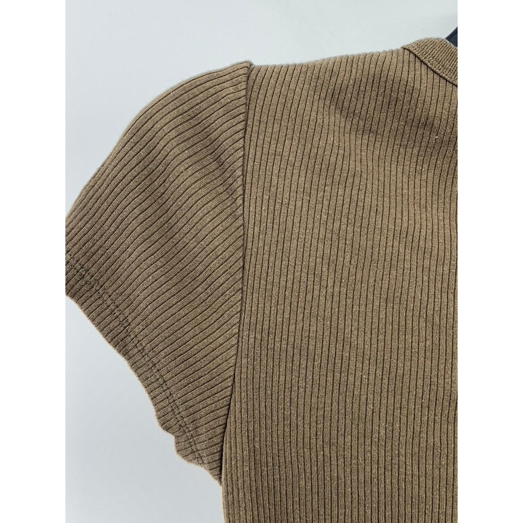 UNIQLO Women's Brown Ribbed Crewneck Short Sleeve Casual T-Shirt SZ XS