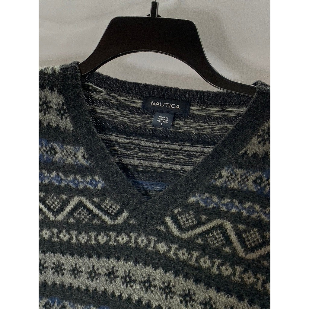 NAUTICA Men's Gray/Blue Fair Isle Printed V-Neck Wool Pullover Sweater SZ L