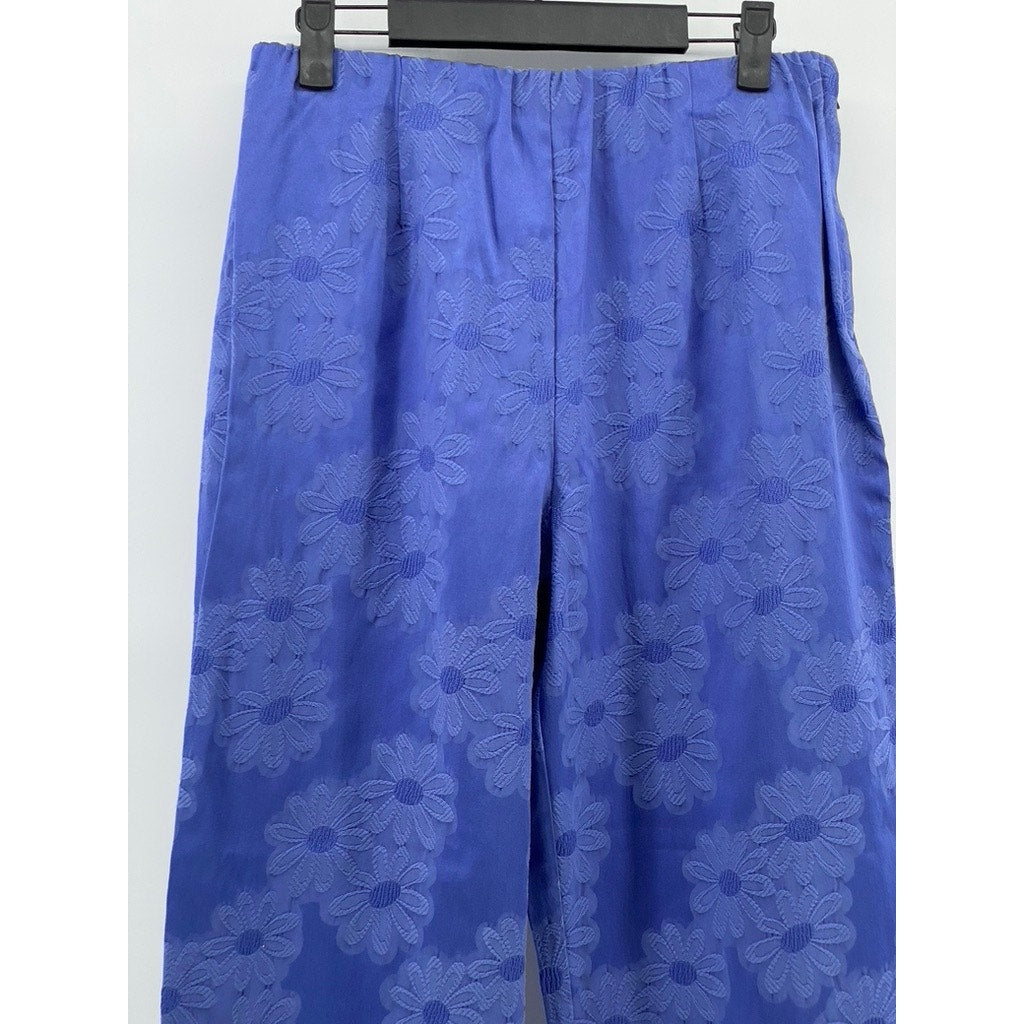 SUSAN GRAVER STYLE Women's Blue Embroidered Floral Side-Zip Cropped Pants SZ M