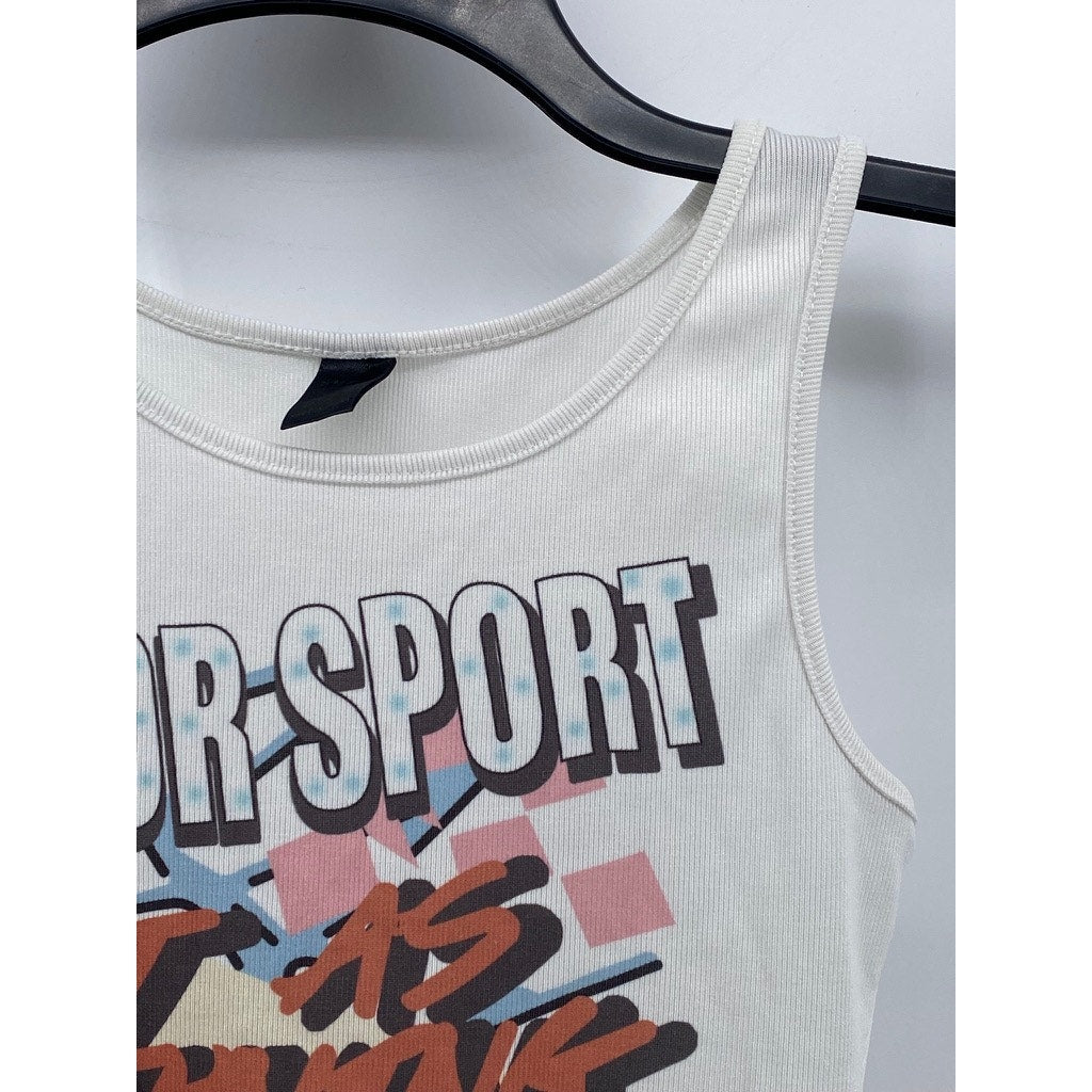 SHEIN Women's White Ribbed Motor Sport Scoop-Neck Cropped Tank Top SZ XS