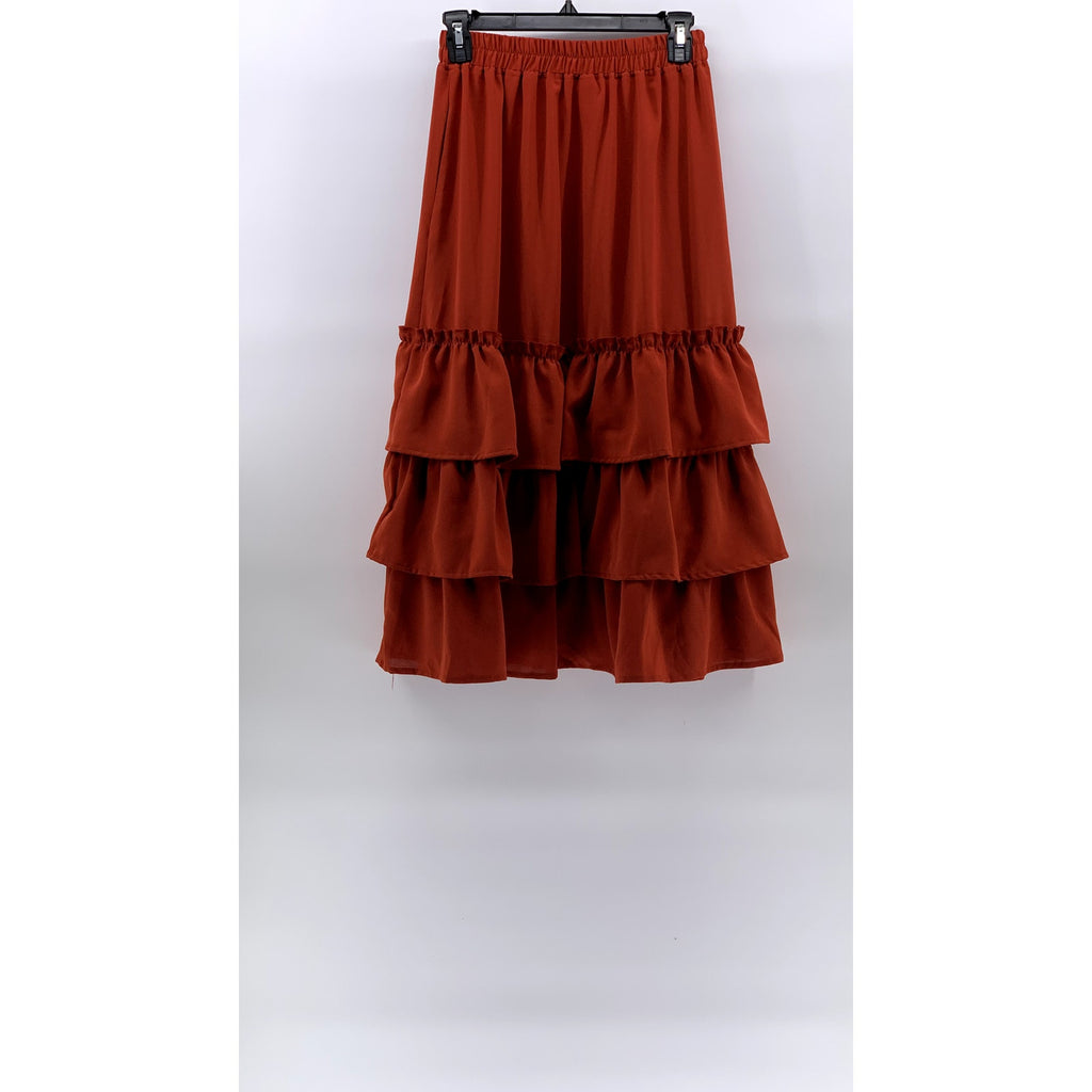 UNBRANDED Women's Orange Tiered Pull-On Pocketless A-Line Midi Skirt SZ S