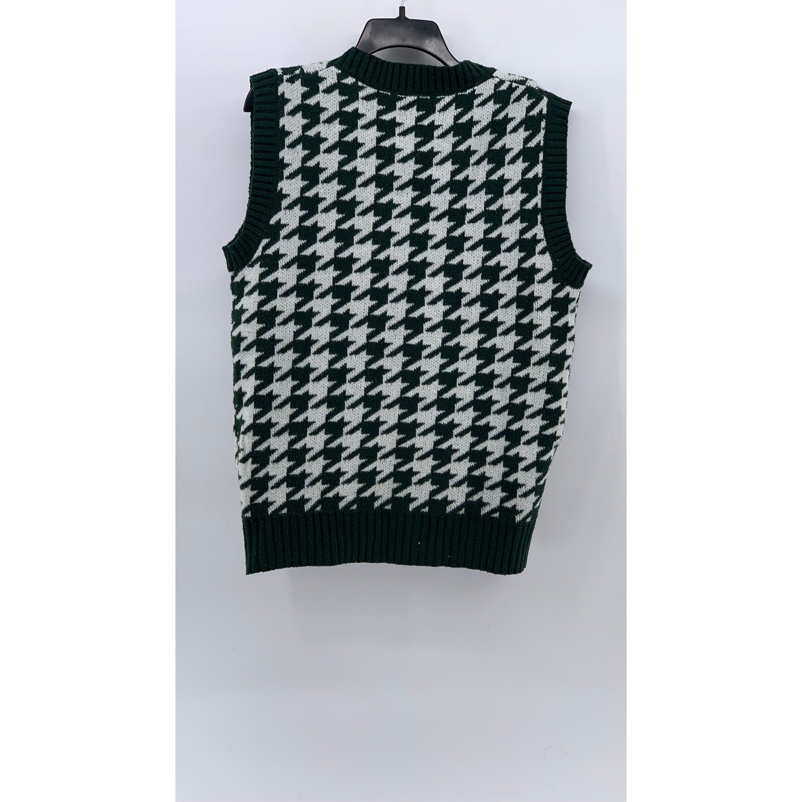 SHEIN Women's Dark Green-White Houndstooth V-Neck Knit Sweater Vest SZ M