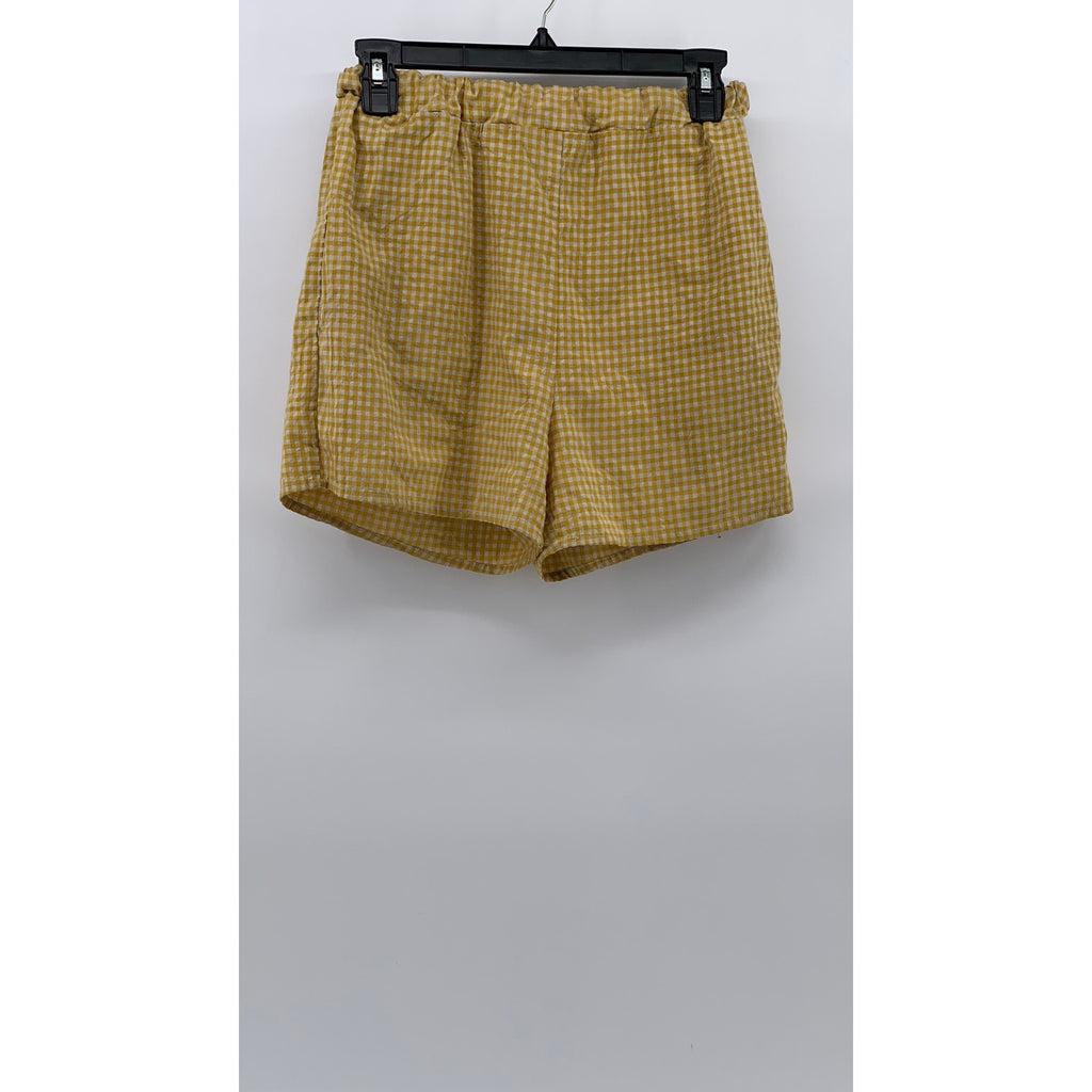 UNBRANDED Women's Yellow-White Gingham Pull-On High-Rise Casual Shorts SZ S