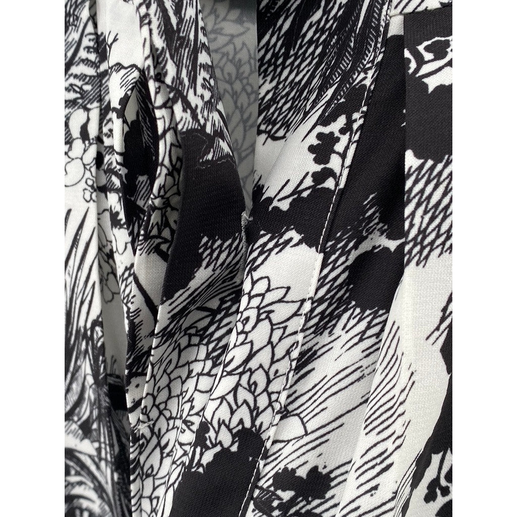 COS Women's Black-White Printed Pleated Long Sleeve A-line Midi Dress SZ 4