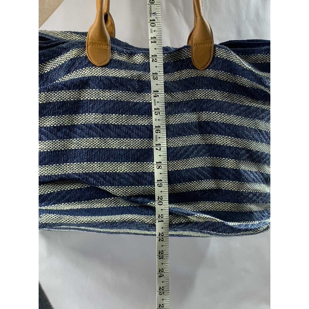 H&M Women's Blue-White Straw Woven Striped Shoulder Bag