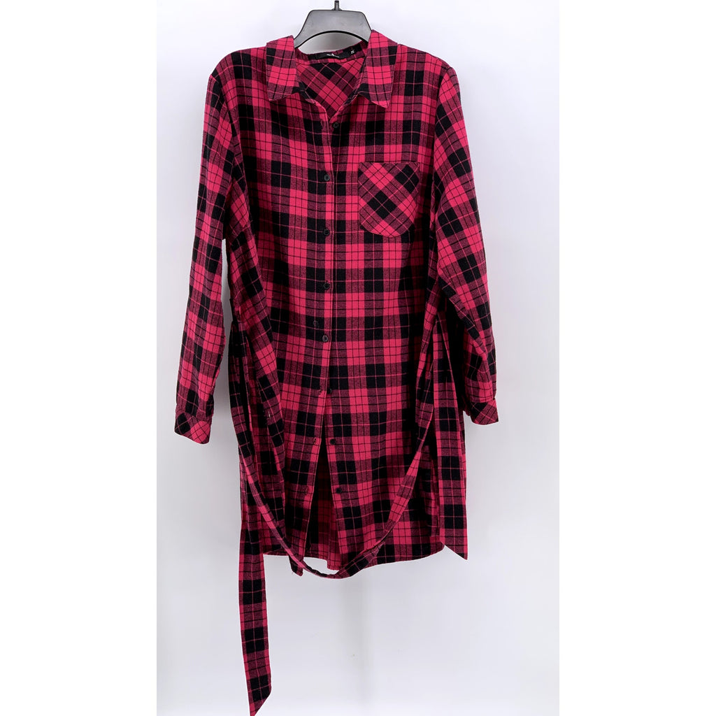AGNES ORINDA Women's Plus Pink-Black Plaid Button-Up Long Sleeve Dress SZ 3X