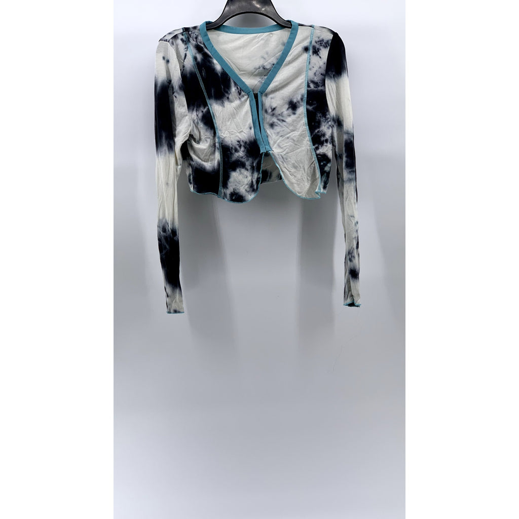UNBRANDED Women's White-Blue-Black Tie-Dye Asymmetrical Zip-Up Cropped Top SZ M