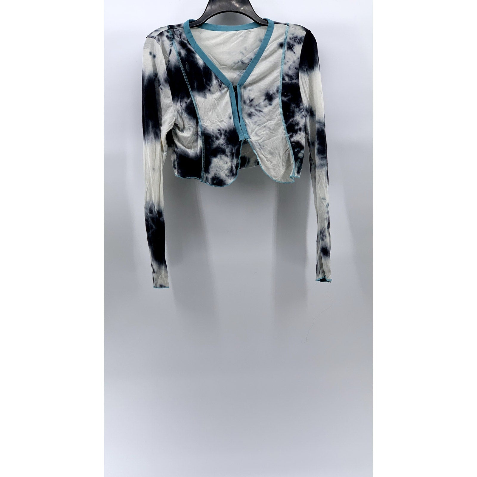 UNBRANDED Women's White-Blue-Black Tie-Dye Asymmetrical Zip-Up Cropped Top SZ M