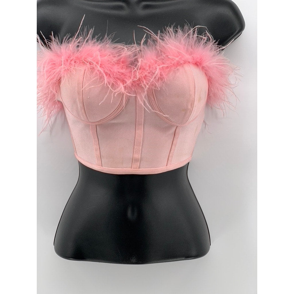SUPERDOWN Women's Light Pink Ramona Furry Strapless Coquette Crop Top SZ XS
