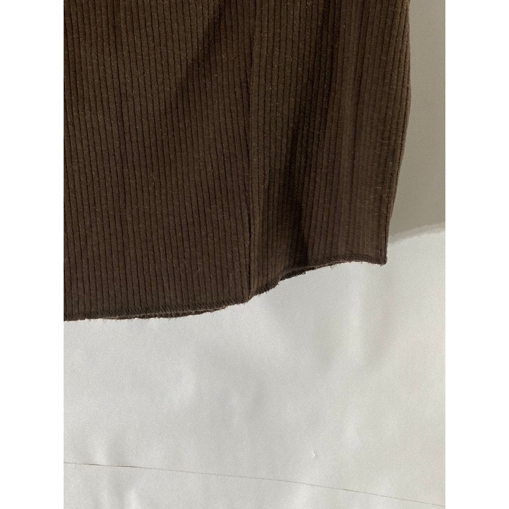 URBAN OUTFITTERS Women’s Brown Ribbed Straight-Neck Short Sleeve Cropped Top SZM
