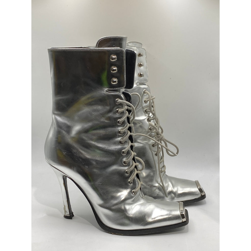 CALVIN KLEIN Women's Silver Metallic Windora Mid Lace-Up Grunge Boots SZ 5