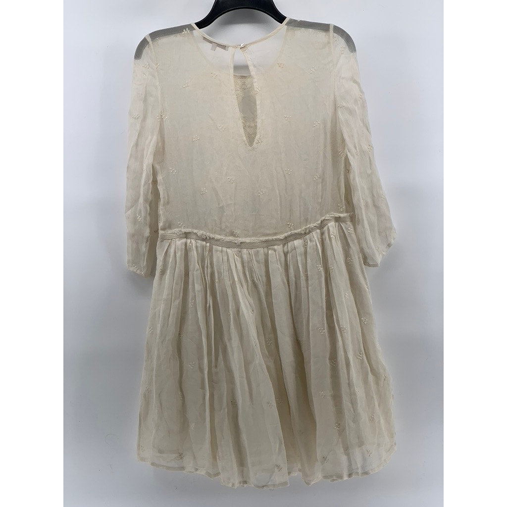 MAJE Women's Beige Floral Lace Crewneck Long Sleeve A-Line Mini Dress SZ 2