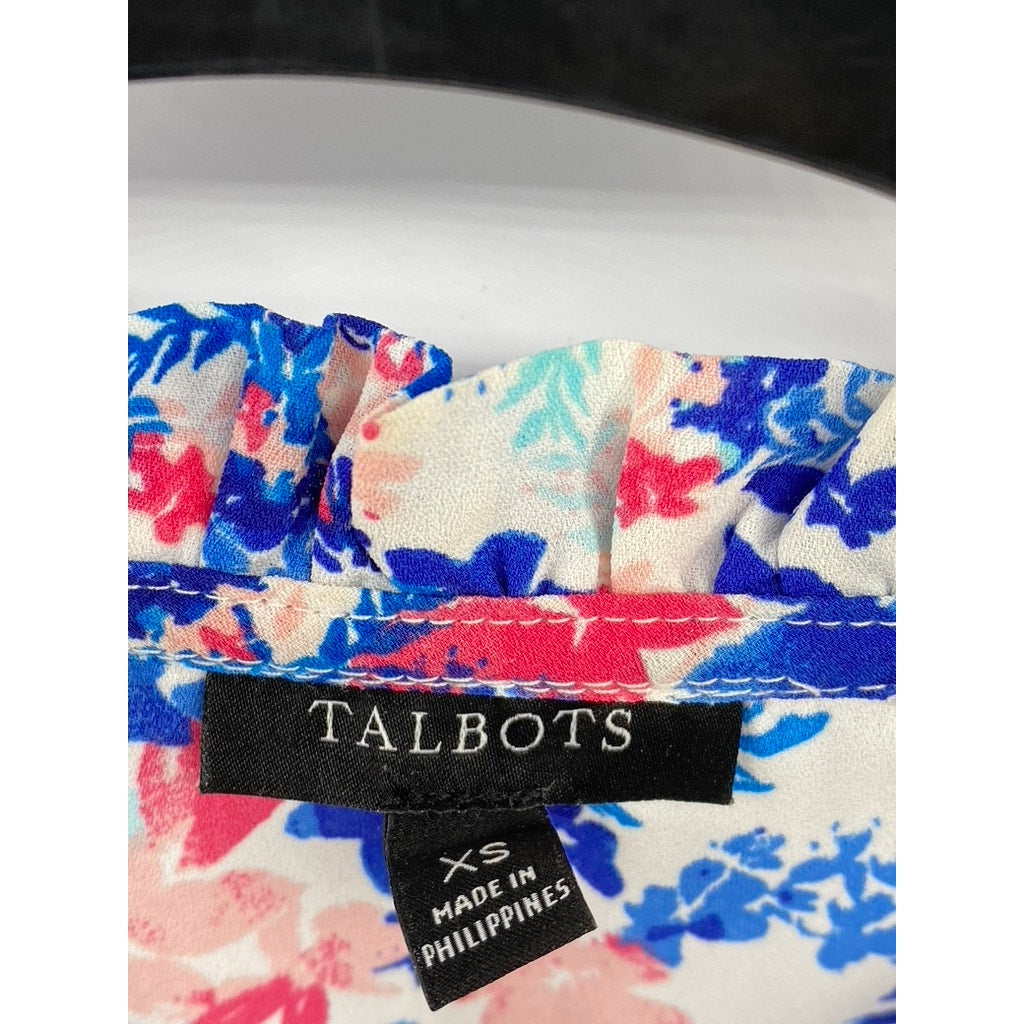 TALBOTS Women's Blue Floral Print Long Sleeve Henley Collar Shirt SZ XS