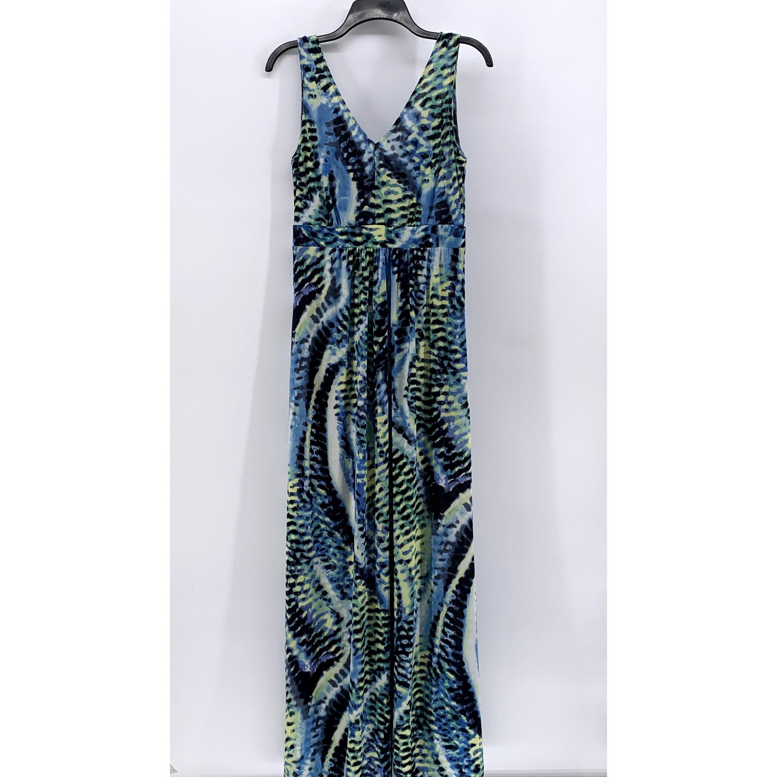 WEST LOOP Women's Blue-Green Printed V-Neck Sleeveless Maxi Dress SZ L