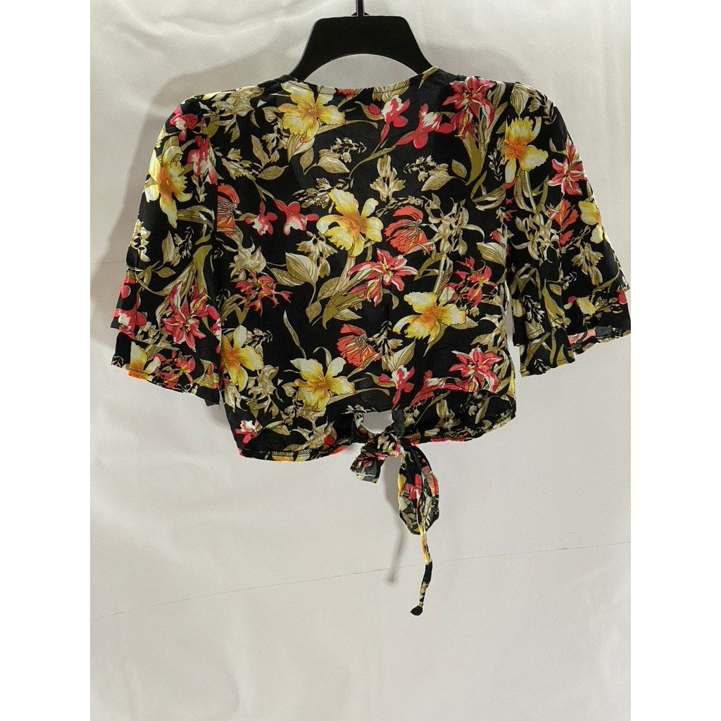 SEEK THE LABEL Women's Black Floral Tie-Front Tiered Short Sleeve Crop Top SZ XS