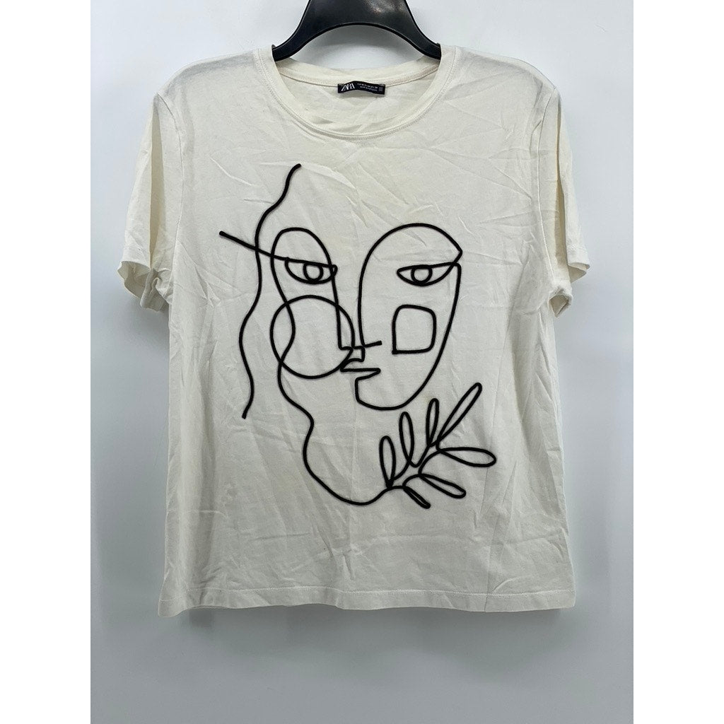 ZARA Women's White-Black Abstract Face Graphic Crewneck Short Sleeve Top SZ M