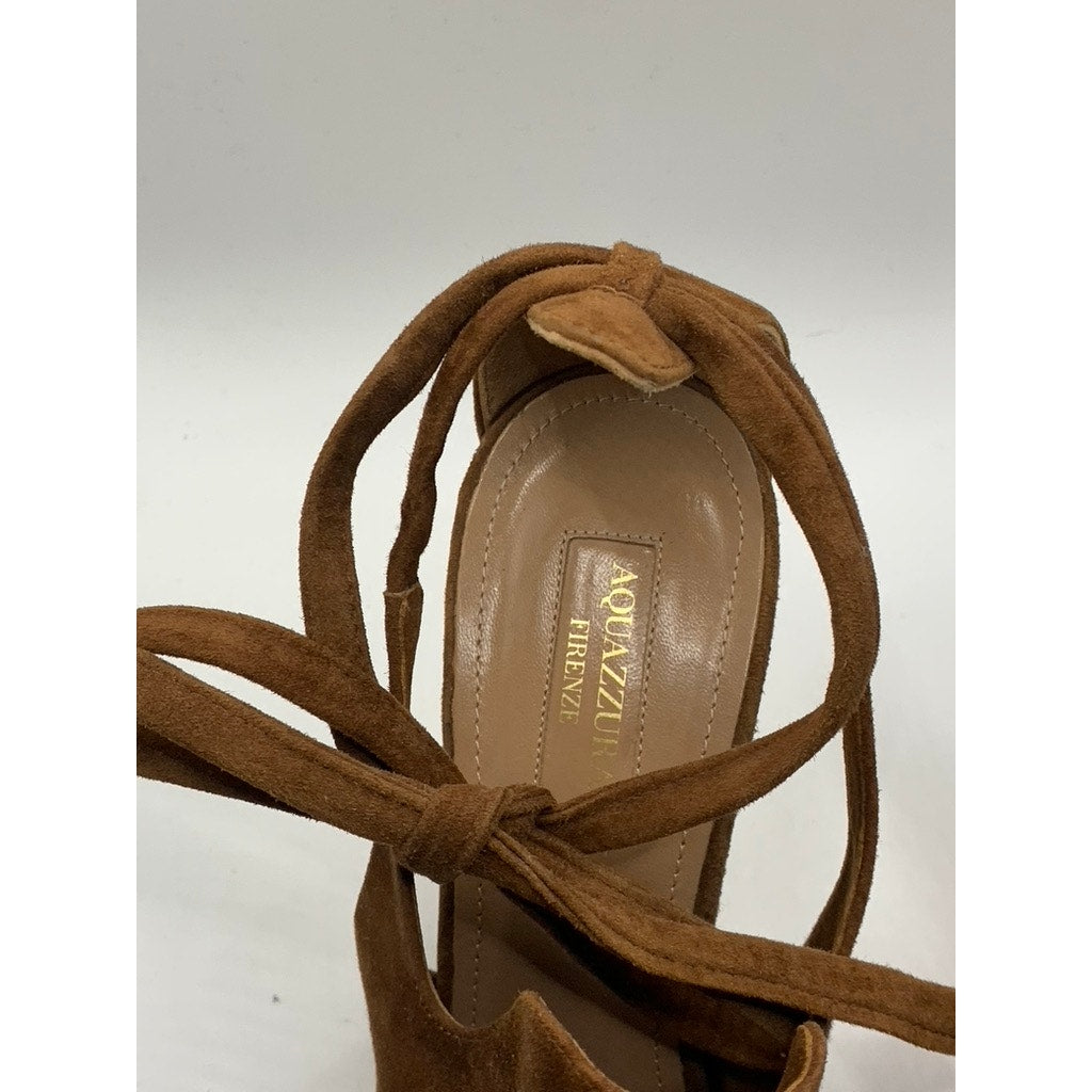 AQUAZZURA Women's Dark Brown Suede Leather Round-Tie Stiletto Heels SZ 40(US10)