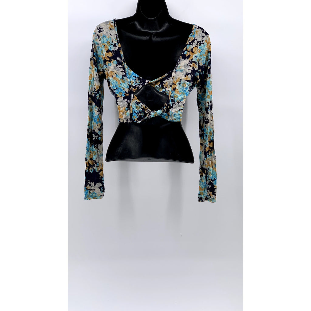 CHARLOTTE RUSSE Women's Blue Floral Scoop-Neck Long Sleeve Tie-Open Back SZ M