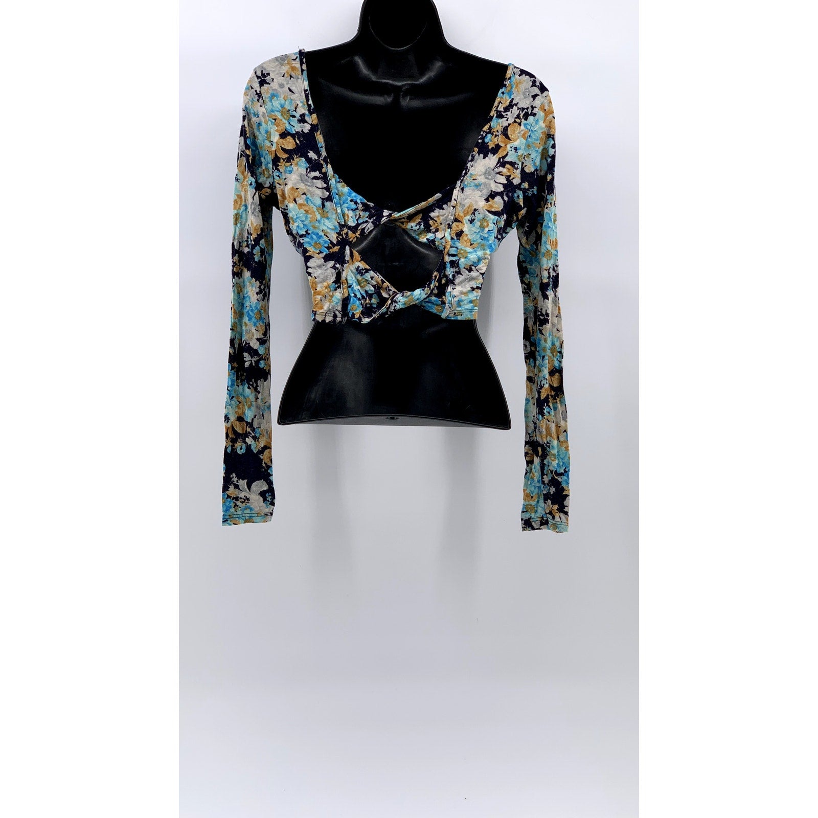 CHARLOTTE RUSSE Women's Blue Floral Scoop-Neck Long Sleeve Tie-Open Back SZ M