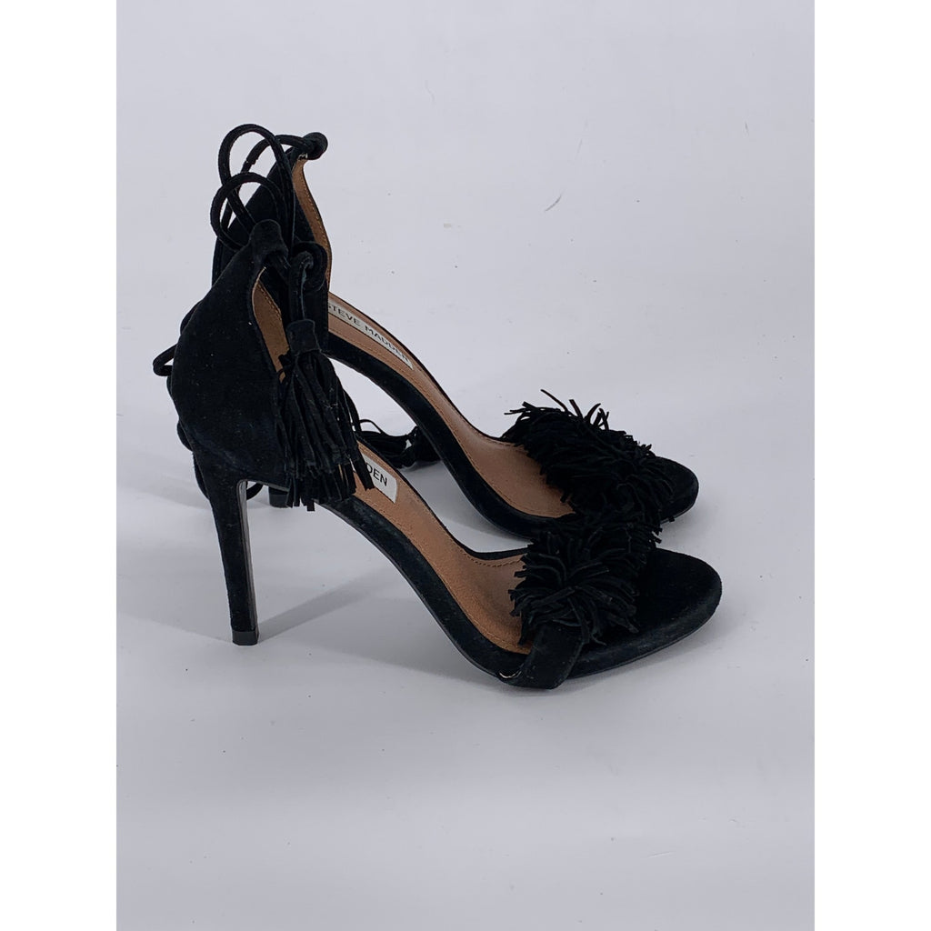 STEVE MADDEN Women's Black Leather Sassey Fringe Gladiator Stiletto Heels SZ 6.5
